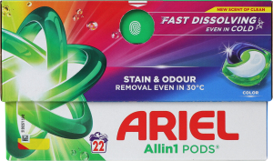 Засіб миючий рідкий синтетичний у капсулах Для кольорового All in 1 Pods Ariel 22х18.2г