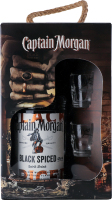 Набір Напій алкогольний 1л 40% на основі карибського рому Black Spiced + 2 чарки Captain Morgan к/у 3шт