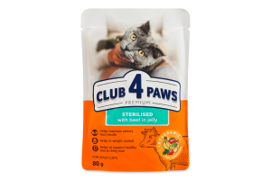 Корм консервований повнораціонний для дорослих стерилізованих котів З яловичиною в желе Premium Club 4 Paws д/п 80г