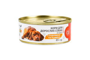 Корм консервированный полнорационный для взрослых собак мясной с индейкой и курицей в соусе ТМ "1" ж/б 85г