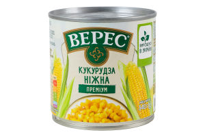 Кукуруза сахарная из целых зерен консервированная вакуумированная стерилизованная Нежная Премиум Верес ж/б 340г