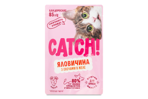Корм влажный полнорационный для взрослых котов с говядиной и овощами в желе Catch! д/п 85г