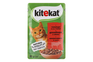Корм консервированный полнорационный для взрослых котов C говядиной в соусе Kitekat д/п 85г