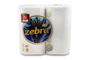 Рушники папер. Zebra Mega 2 рулона по 125 арк., 28,7 м, 3-х шар. И142 (Болгарія)