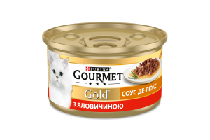 Корм консервированный полнорационный для взрослых котов с говядиной Соус де-люкс Gold Gourmet ж/б 85г