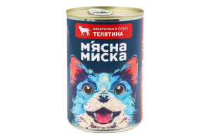 Корм консервированный полнорационный для взрослых собак Телятина Кусочки в соусе М'ясна Миска ж/б 415г