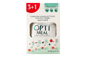 Корм консервированный полнорационный для взрослых собак Multi Taste Super Premium Optimeal к/у 4х100г