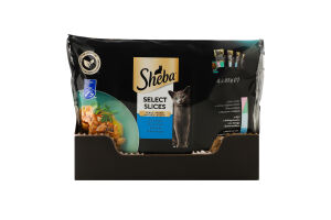 Набор кормов консервированных для взрослых котов с лососем, белой рыбой, треской в соусе Select slices Sheba м/у 4х85г