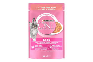 Корм консервированный полнорационный для котят с лососем и морковью Кусочки в соусе Junior Purina One д/п 85г