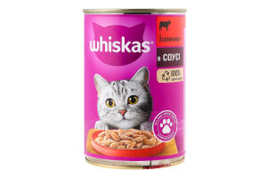Корм консервированный полнорационный для взрослых котов С говядиной в соусе Whiskas ж/б 400г