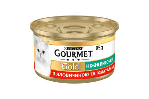 Корм консервированный полнорационный для взрослых котов с говядиной и томатами Нежные биточки Gold Gourmet ж/б 85г