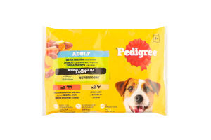 Набір кормів консервованих для дорослих собак з яловичиною та печінкою, з куркою Асорті з овочами Pedigree м/у 4х100г