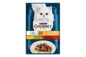 Корм консервований для дорослих котів міні філе у підливі з куркою та яловичиною Perle duo Gourmet д/п 85г