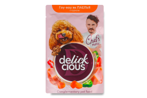 Корм консервированный дополнительный для взрослых собак Паэлья с курицей Chef`s menu Delickcious д/п 85г