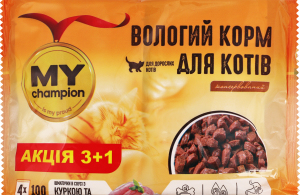 Корм влажный полнорационный для взрослых котов Кусочки в соусе с курицей и индейкой My Champion м/у 4х100г