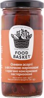 Оливки асорті з кісточкою мариновані з орегано консервовані пастеризовані Food Basket с/б 240г