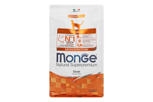 Корм сухой сбалансированный для стерилизованных котов с мясом утки Monoprotein Natural superpremium Monge м/у 1.5кг