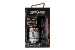 Набор Напиток алкогольный 1л 40% на основе карибского рома Black Spiced + 2 рюмки Captain Morgan 3шт