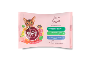 Корм консервированный полнорационный для взрослых котов Ассорти №3 Delickcious м/у 4х85г