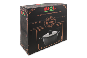 Каструля Classic 6,3л антипригарне покриття індукційне дно з скляною кришкою 28см Biol