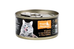 Корм консервированный для взрослых котов и котят полнорационный Курица с печенью в подливке Happy Animal ж/б 80г