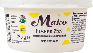 Маргарин 25% мягкий низкокалорийный с витаминами A и E Нежный Мако ст 250г