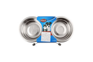 Миска д/котів 2*250мл метал подвійна з шумопоглинаючими кільцями на металевій підставці Тріксі