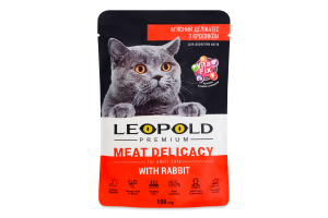 Корм консервований для дорослих котів М'ясний делікатес з кроликом Premium Leopold д/п 100г