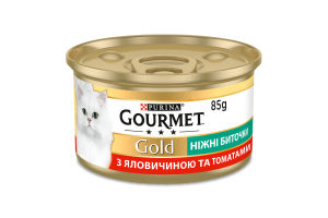Корм консервированный полнорационный для взрослых котов с говядиной и томатами Нежные биточки Gold Gourmet ж/б 85г