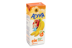 Сок для детей от 6мес с мякотью восстановленный стерилизованный гомогенизированный Яблоко-банан Агуня т/п 200мл