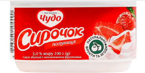 Творожок 5% взбитый с наполнителем фруктовым Клубника Чудо ст 100г