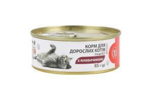 Корм консервированный полнорационный для взрослых котов Паштет с говядиной ТМ "1" ж/б 85г