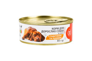 Корм консервированный полнорационный для взрослых собак мясной с индейкой и курицей в соусе ТМ "1" ж/б 85г
