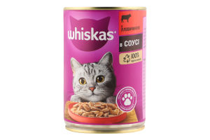 Корм консервований повнораціонний для дорослих котів З яловичиною в соусі Whiskas з/б 400г