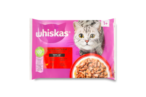 Набір кормів консервованих повнораціонних для дорослих котів з яловичиною, з куркою в соусі Whiskas м/у 4х85г