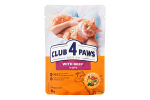 Корм консервований повнораціонний для дорослих котів З яловичиною в желе Premium Club 4 Paws д/п 85г