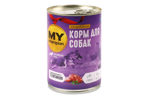 Корм консервований повнораціонний для дорослих собак Шматочки в соусі з телятиною My Champion з/б 415г