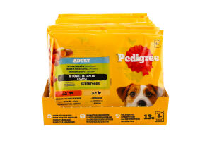 Набір кормів консервованих для дорослих собак з яловичиною та печінкою, з куркою Асорті з овочами Pedigree м/у 4х100г