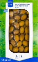 Оливки зеленые фаршированные мягким сыром в подсолнечном масле пастеризованные Metro Chef лоток 1.1кг