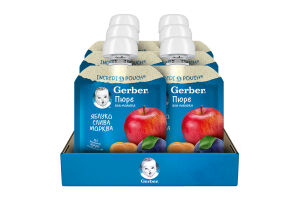 Пюре фруктово-овощное для детей от 6мес пастеризованное витаминизированное Яблоко-слива-морковь Gerber д/п 90г