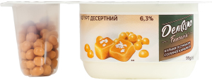Йогурт 6.3% десертный 91г с хрустящими шариками со вкусом соленой карамели 8г Fantasia Деліссімо ст 99г