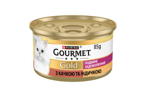 Корм консервований повнораціонний для дорослих котів з качкою та індичкою Подвійне задоволення Gold Gourmet з/б 85г