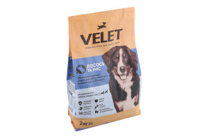 Корм д/дорослих собак середніх та великих порід Преміум з лососем та рисом сухий 2кг Velet