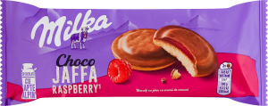 Печенье бисквитное с желейной начинкой со вкусом малины покрытое молочным шоколадом Choco Jaffa Milka м/у 147г