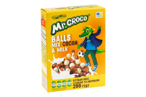 Завтраки сухие глазированные сахарной глазурью с какао и молоком Шарики микс Mr. Crocco к/у 200г