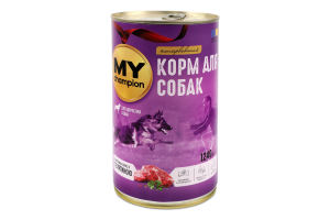 Корм консервированный полнорационный для взрослых собак Кусочки в соусе с телятиной My Champion ж/б 1.24кг
