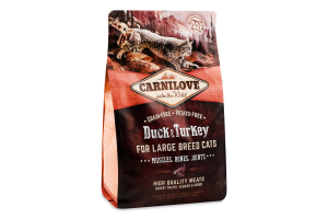 Корм д/котів великих порід з качкою та індичкою сухий 2кг Карнілав