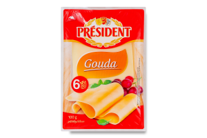 Сир 47% твердий скибками Гауда President лоток 100г