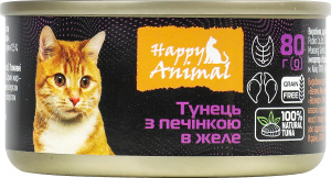 Корм консервированный для взрослых котов и котят полнорационный Тунец с печенью в желе Happy Animal ж/б 80г