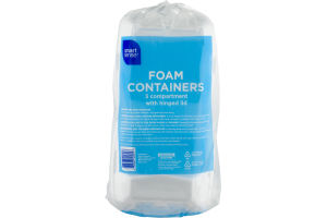 Smart Sense Foam Containers 3 Compartment With Hinged Lids 8 1/2 IN - 12 CT